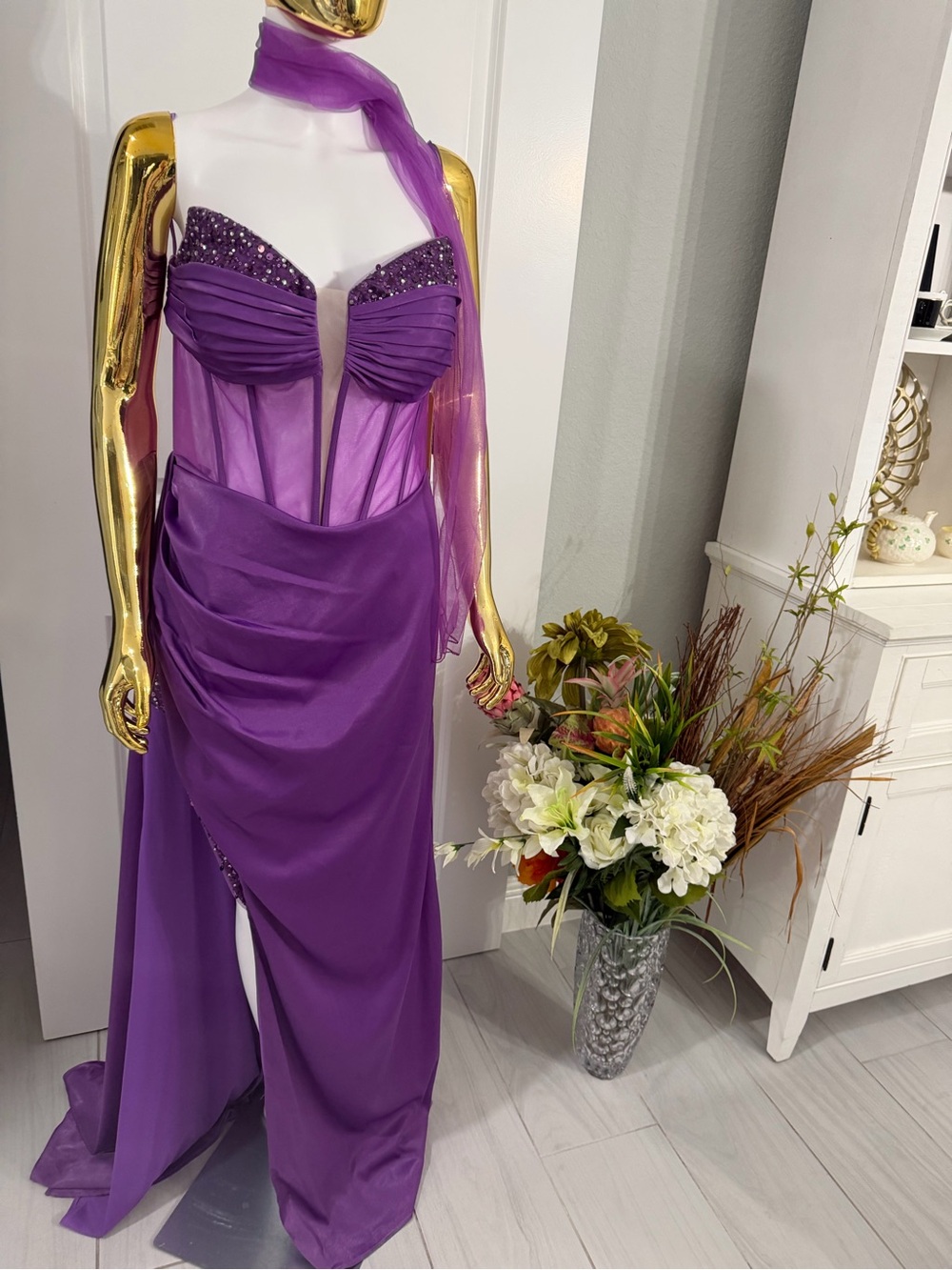 May Queen Strapless Purple Beaded Sheer Bodice Evening Gown 14